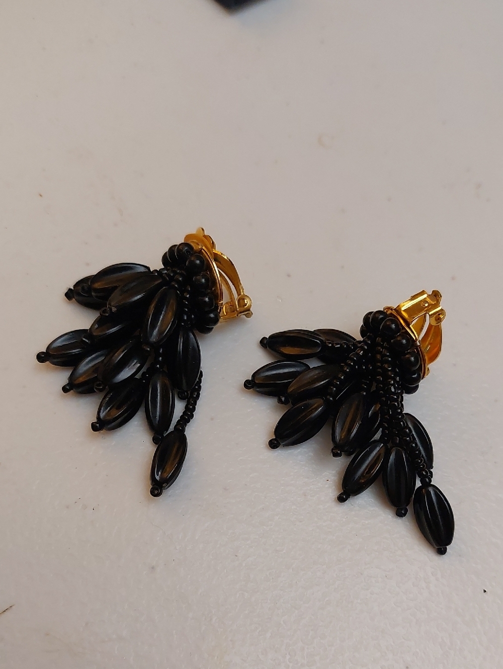 Vintage Boho Black BeadsCascading Dangles Clip On Statement Earrings